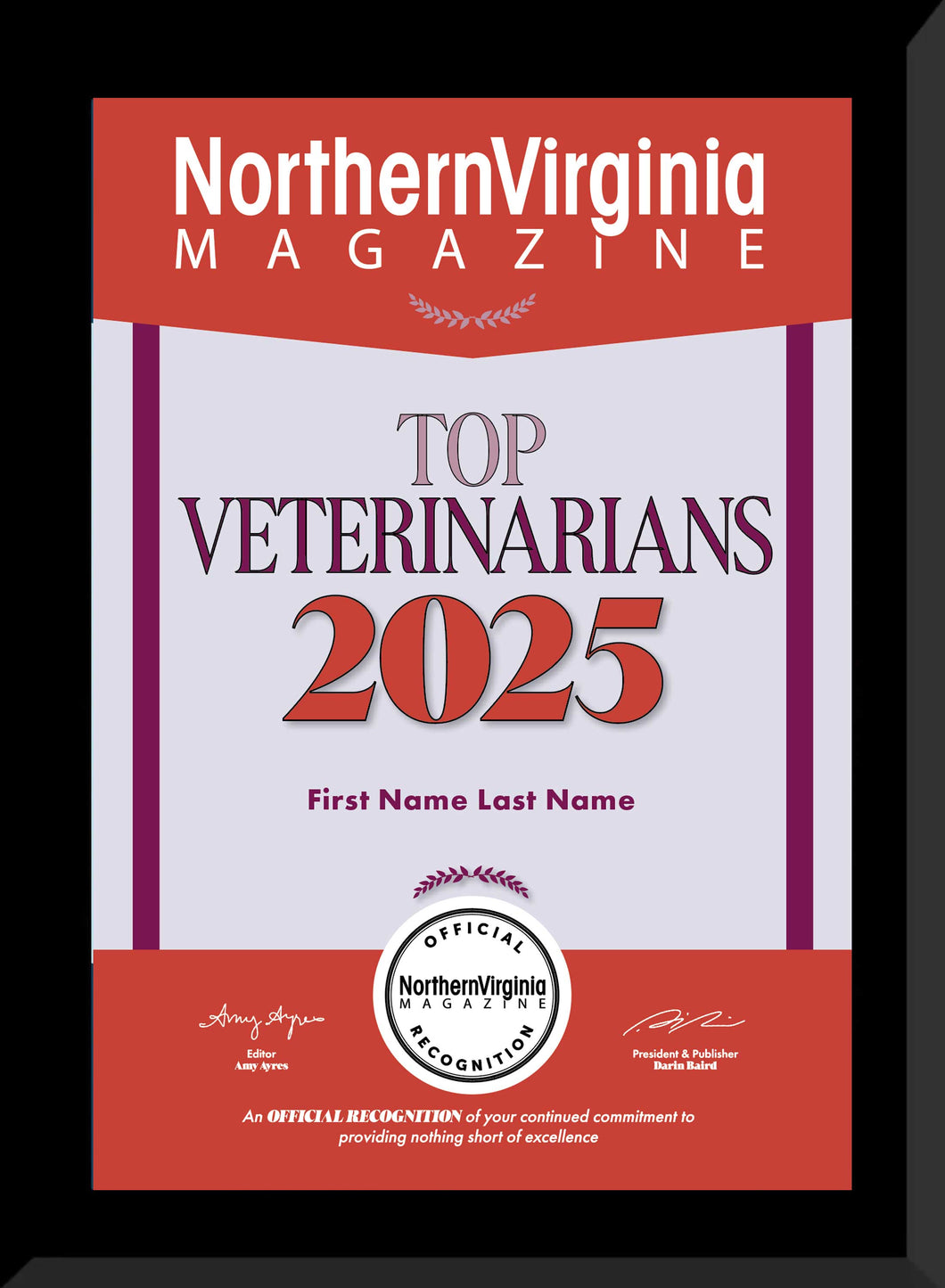 2025 Top Veterinarians Plaque