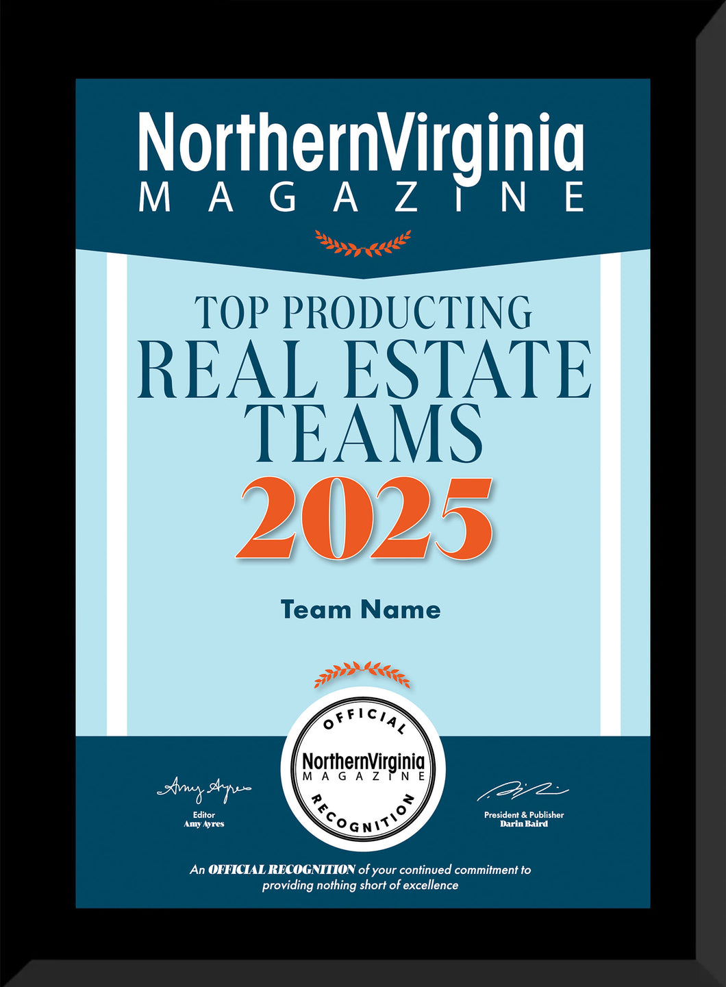 2025 Top Producing Real Estate Teams Plaque *NEW DESIGN*